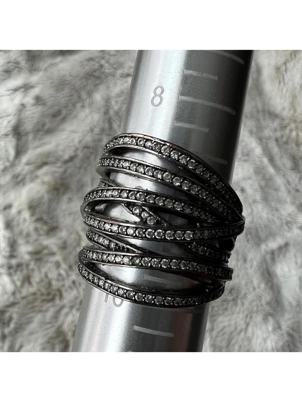 Henri Bendel Swarovski Cocktail Ring Crystal Gunmetal Silver Wrap Crisscross L